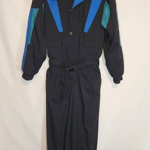 Descente Spirit Black and Blue Ski Suit Snow Bib. Vintage Large Snowboard